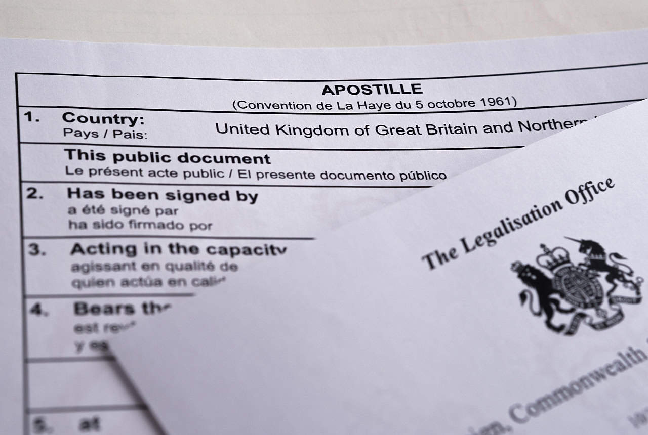 Apostille document from The UK Legalisation Office. Legalised document with the stamped official certificate