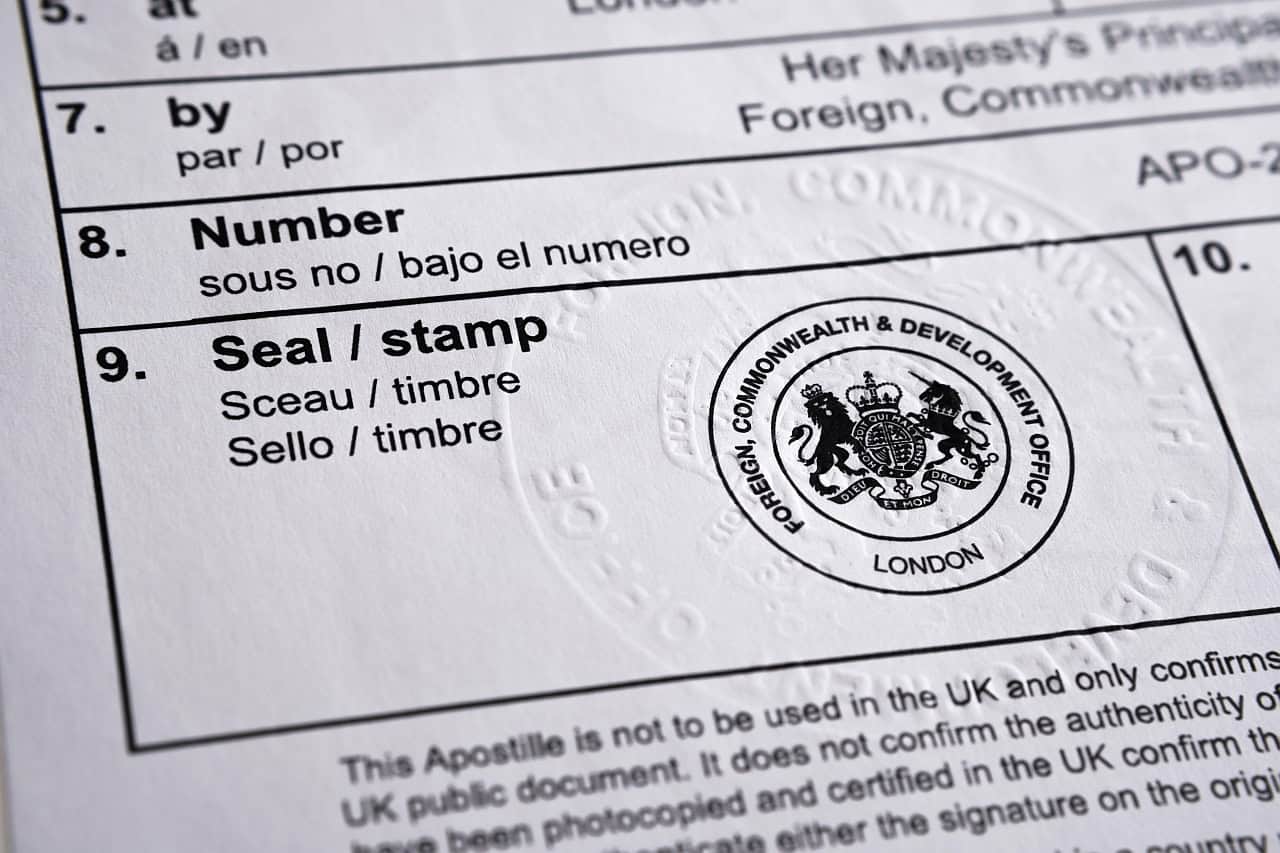 Apostille document from The UK Legalisation Office. Legalised document with the stamped official certificate. 